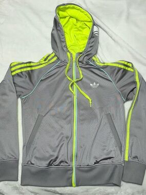 Adidas Gray and Neon Yellow Hooded Track Jacket
